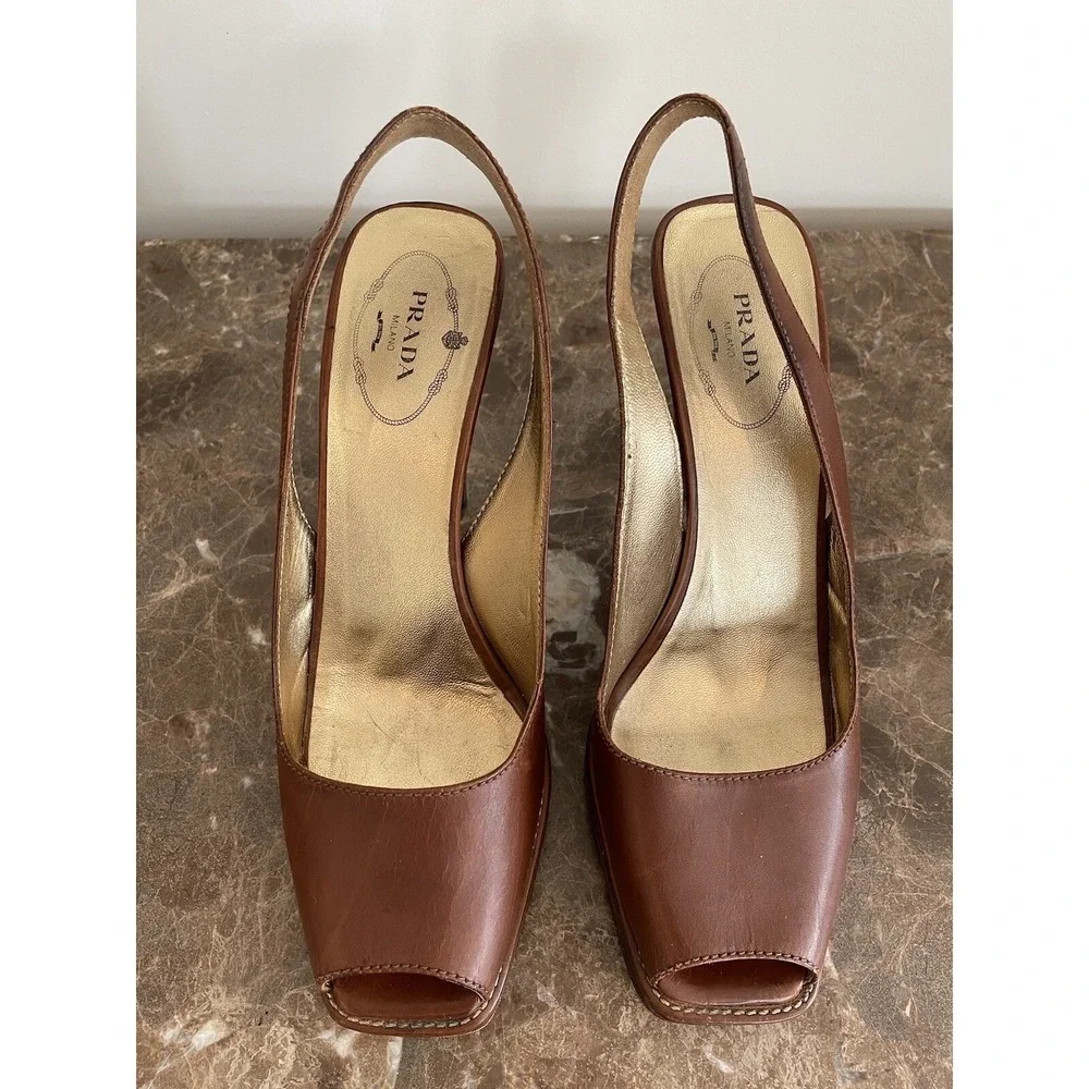 PRADA Brown Leather Platform Pumps Sling Back Wood Cone Heel Peep Toe 38.5 - 8.5